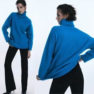 Zara Blue Soft Ribbed Knit Wool Blend Turtleneck Oversized Sweater Size S